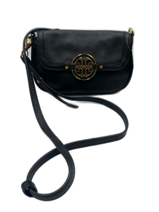 Tory Burch Black Leather goldtone hardware Magnetic Clasp Crossbody Strap Bag Black / Mini