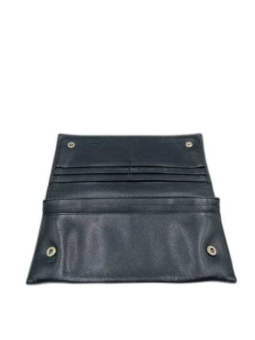 Prada Black Leather Snap Button Logo Saffiano Wallets Black