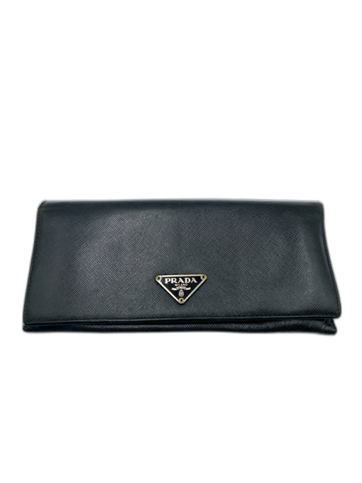 Prada Black Leather Snap Button Logo Saffiano Wallets Black