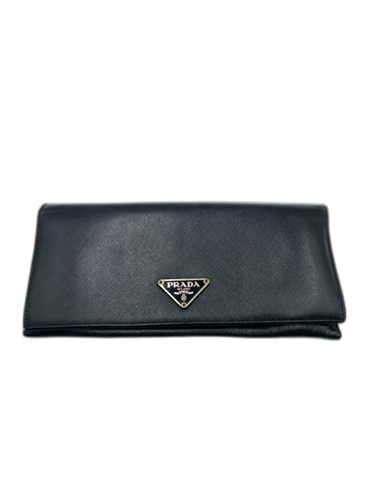 Prada Black Leather Snap Button Logo Saffiano Wallets Black