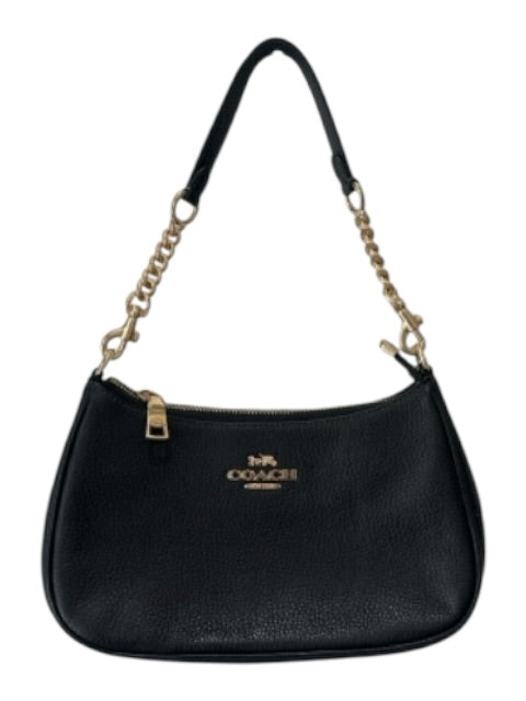Coach Black Leather Gold Tone Hardware Chain Detail Zip Top Shoulder Bag Black