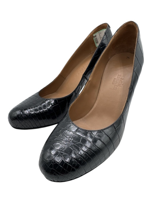 Hermes Shoe Size 37 Black Crocodile Leather Lining Mid Heel Round Toe Pumps Black / 37