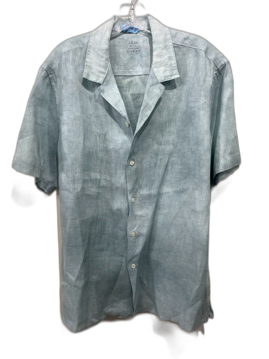 Altea Size XL Blue Linen Solid Button Down Men's Short Sleeve Shirt Blue / XL