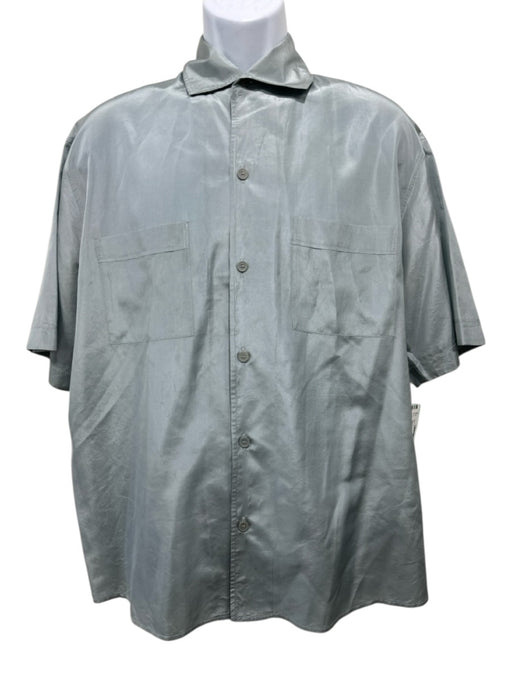 Bottega Veneta Size 50 Blue Silk Solid Button Up Men's Short Sleeve Blue / 50