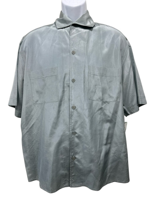 Bottega Veneta Size 50 Blue Silk Solid Button Up Men's Short Sleeve Blue / 50