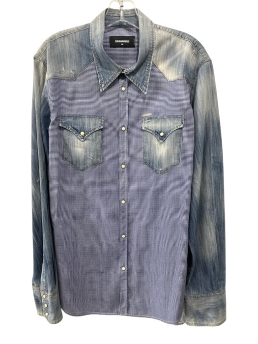Dsquared Size 56 Blue Cotton Gingham Denim Accent Button up Long Sleeve Shirt Blue / 56