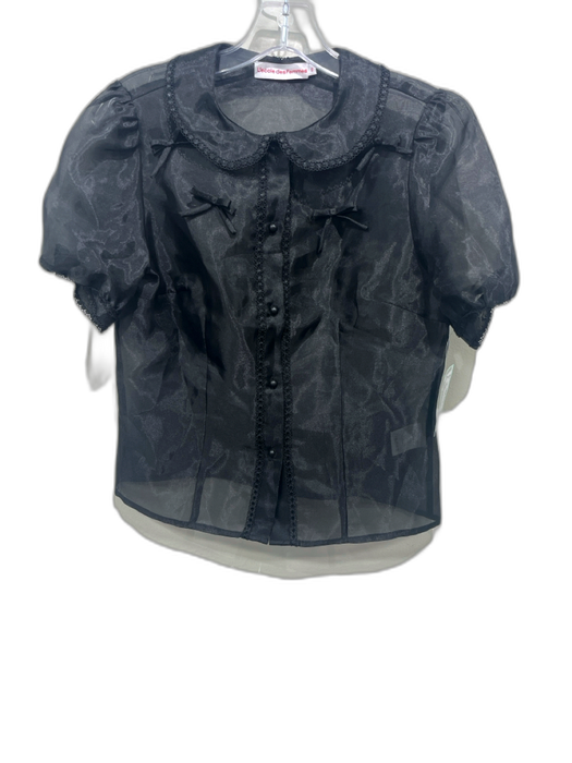 L'ecole des Femmes Size S Black Polyester Sheer Short Puff Sleeve Bow Detail Top Black / S