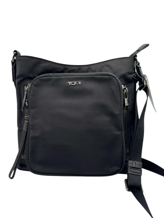 Tumi Black & Gunmetal Nylon Logo Zip Pocket Adjustable Strap Crossbody Bag Black & Gunmetal / Medium