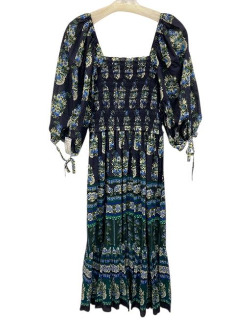 Cara Cara Size M Navy Blue, Green, White Cotton Puff 1/2 Sleeve Midi Dress Navy Blue, Green, White / M