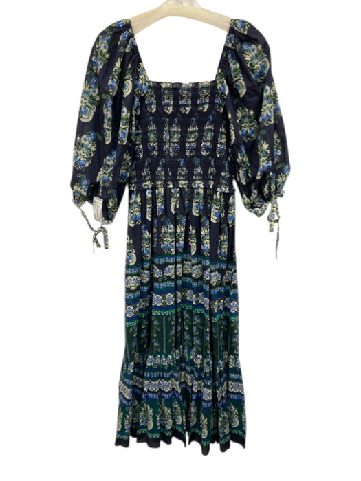 Cara Cara Size M Navy Blue, Green, White Cotton Puff 1/2 Sleeve Midi Dress Navy Blue, Green, White / M