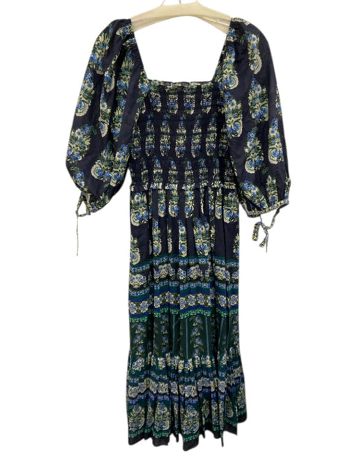 Cara Cara Size M Navy Blue, Green, White Cotton Puff 1/2 Sleeve Midi Dress Navy Blue, Green, White / M
