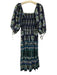 Cara Cara Size M Navy Blue, Green, White Cotton Puff 1/2 Sleeve Midi Dress Navy Blue, Green, White / M