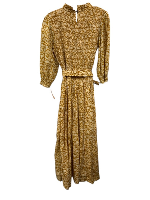 Perry Walker Size 3 Yellow & Cream Cotton Shirred Abstract Sash Midi Dress Yellow & Cream / 3