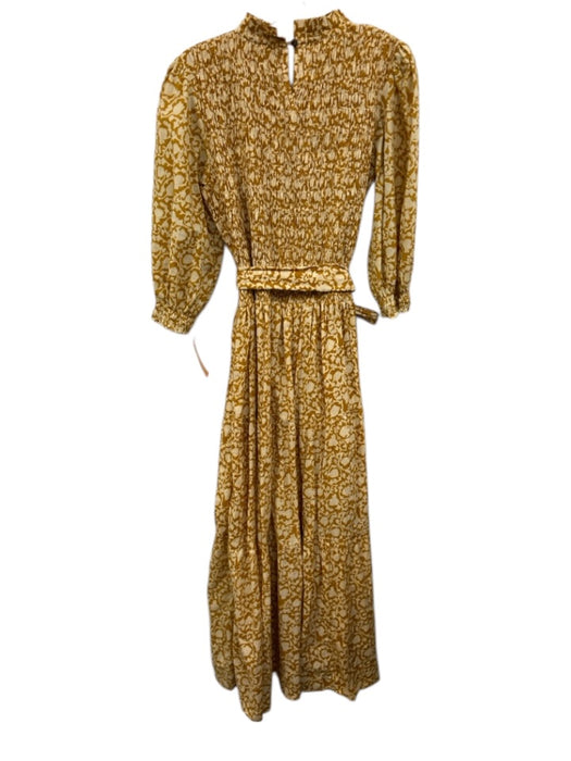 Perry Walker Size 3 Yellow & Cream Cotton Shirred Abstract Sash Midi Dress Yellow & Cream / 3