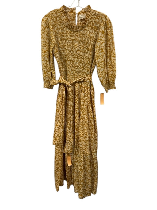 Perry Walker Size 3 Yellow & Cream Cotton Shirred Abstract Sash Midi Dress Yellow & Cream / 3