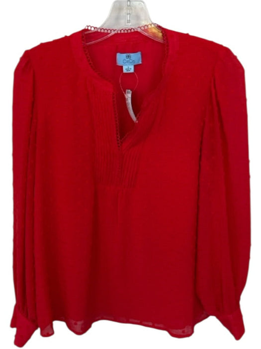 CeCe Size Small Red Polyester Embroidered V Neck Pleat Top Red / Small