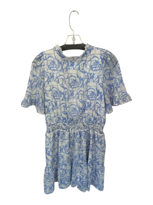 Joy Joy Size M White & Blue Polyester Short Sleeve Flowers Elastic Waist Dress White & Blue / M