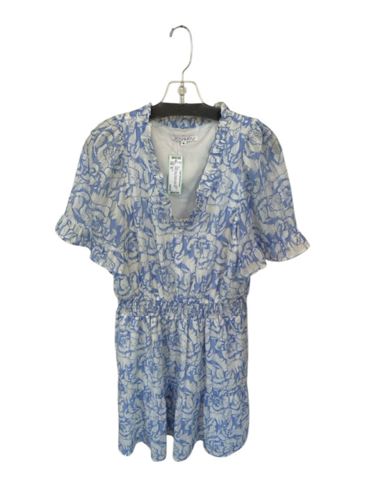 Joy Joy Size M White & Blue Polyester Short Sleeve Flowers Elastic Waist Dress White & Blue / M