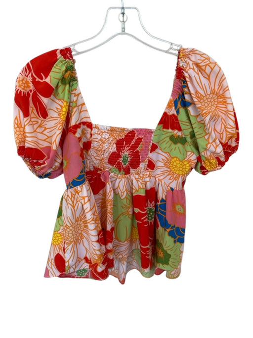 Entro Size M Red & Multi Polyester V Neck Floral Puff Sleeve Flowy Top Red & Multi / M