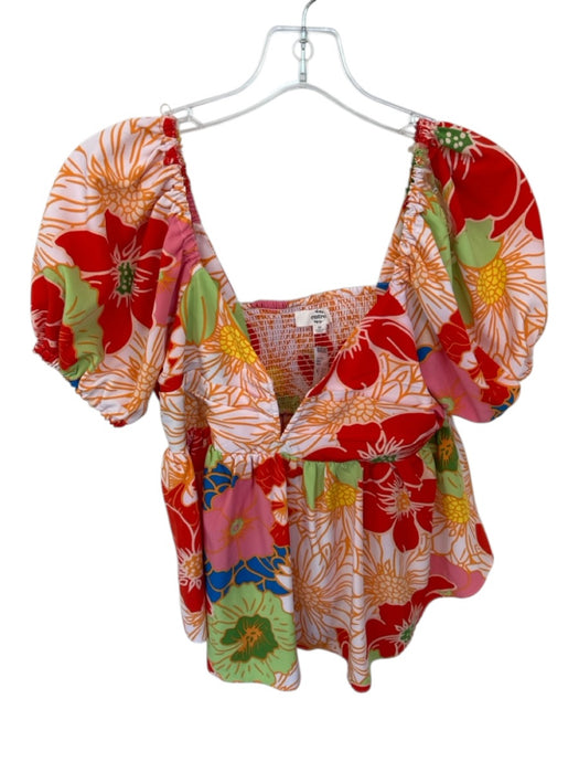 Entro Size M Red & Multi Polyester V Neck Floral Puff Sleeve Flowy Top Red & Multi / M