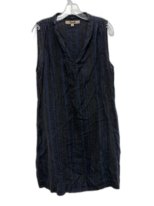 Flax Size S Black & Navy Blue Linen Striped Sleeveless V Neck Pocketed Dress Black & Navy Blue / S