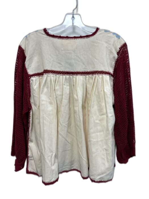 Carolina K Size S Cream White & Burgundy Red Cotton Crochet Detail Top Cream White & Burgundy Red / S