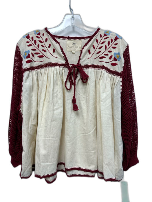 Carolina K Size S Cream White & Burgundy Red Cotton Crochet Detail Top Cream White & Burgundy Red / S