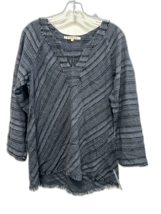 XiRENA Size M Dark Gray Cotton Blend Frayed Hem Long Sleeve Striped V Neck Top Dark Gray / M