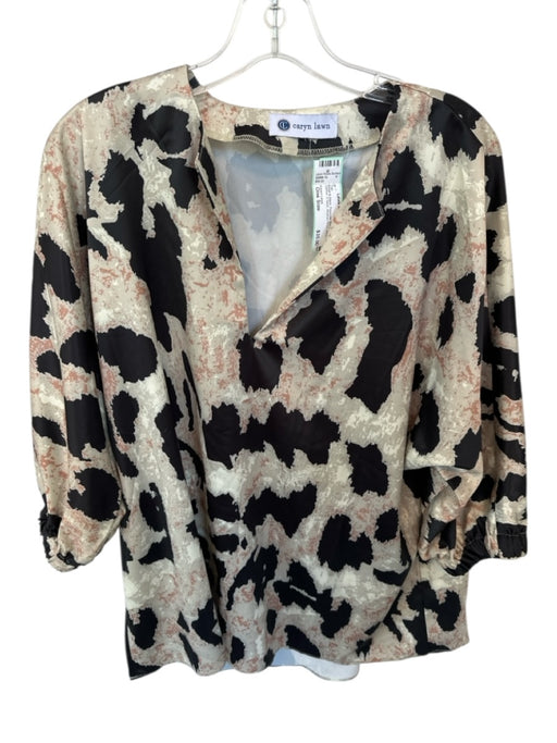 Caryn Lawn Size One Size Beige & Black Polyester Blend Scrunch Sleeve V Neck Top Beige & Black / One Size