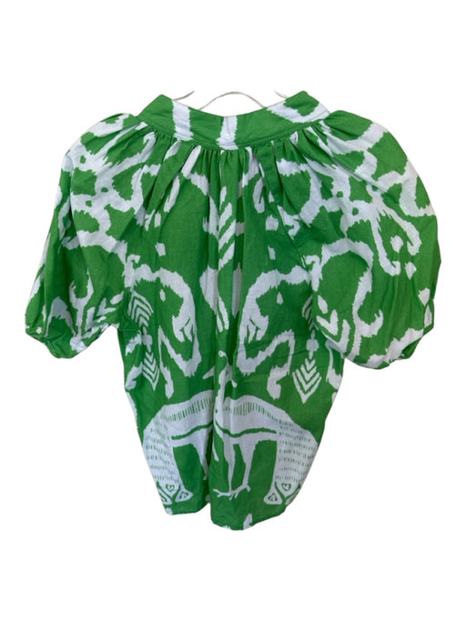 Sheridan French Size S Green & White Linen V Neck Tropical Print Puff Sleeve Top Green & White / S