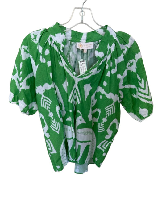 Sheridan French Size S Green & White Linen V Neck Tropical Print Puff Sleeve Top Green & White / S