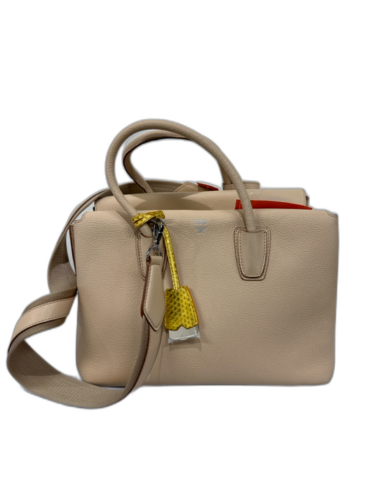 MCM Beige Leather Magnetic  Flap Multiple Straps Zip Pocket Hand Bag Beige