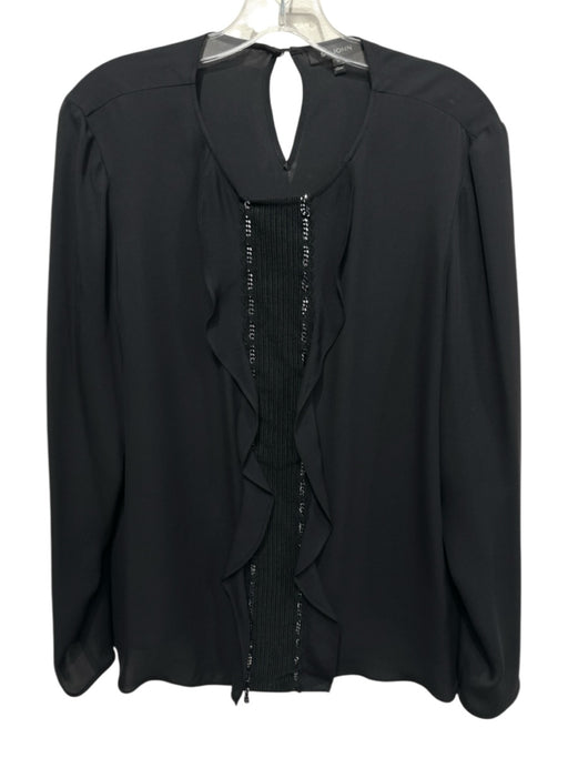 St. John Size 10 Black Silk Chain Detail Lace Panel Ruffle Accent Top Black / 10