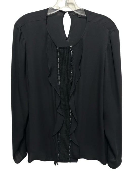St. John Size 10 Black Silk Chain Detail Lace Panel Ruffle Accent Top Black / 10