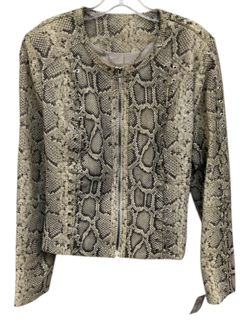 Elie Tahari Size Large Beige & Black Lamb leather Zip Front Chain Detail Jacket Beige & Black / Large