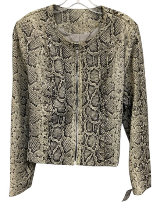 Elie Tahari Size Large Beige & Black Lamb leather Zip Front Chain Detail Jacket Beige & Black / Large
