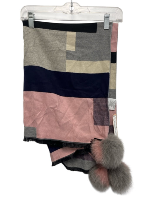 La Fiorentina Pink, Blue, Gray Viscose Blend Plaid Fox Fur Trim Shawl scarf Pink, Blue, Gray
