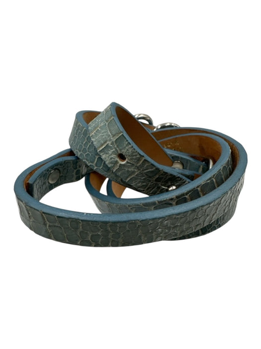 Max Mara Light Blue Leather Silver Hardware Croc Embossed Peg Clasp Thin Belts Light Blue / Large