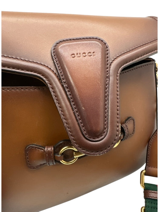 Gucci Brown Leather Web Stripe Crossbody Saddle Gold Hardware Bag Brown / Small