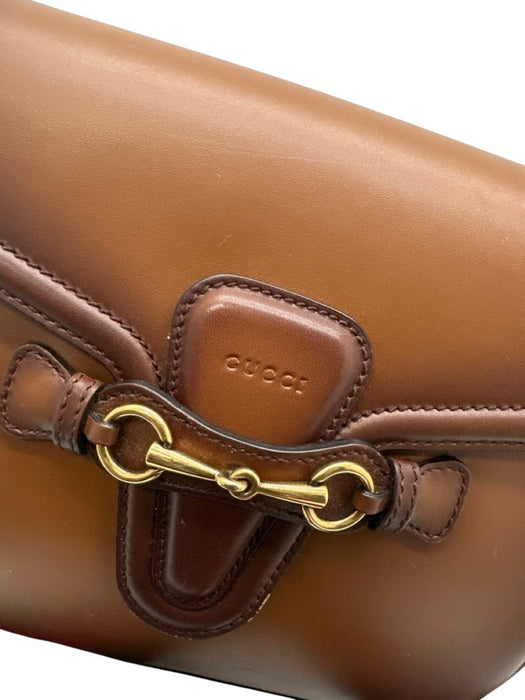 Gucci Brown Leather Web Stripe Crossbody Saddle Gold Hardware Bag Brown / Small