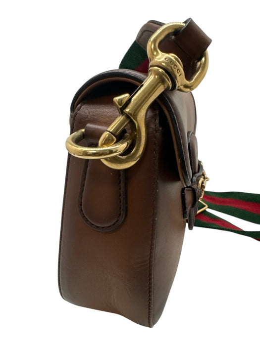 Gucci Brown Leather Web Stripe Crossbody Saddle Gold Hardware Bag Brown / Small