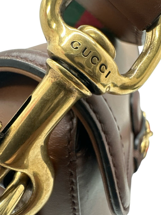 Gucci Brown Leather Web Stripe Crossbody Saddle Gold Hardware Bag Brown / Small