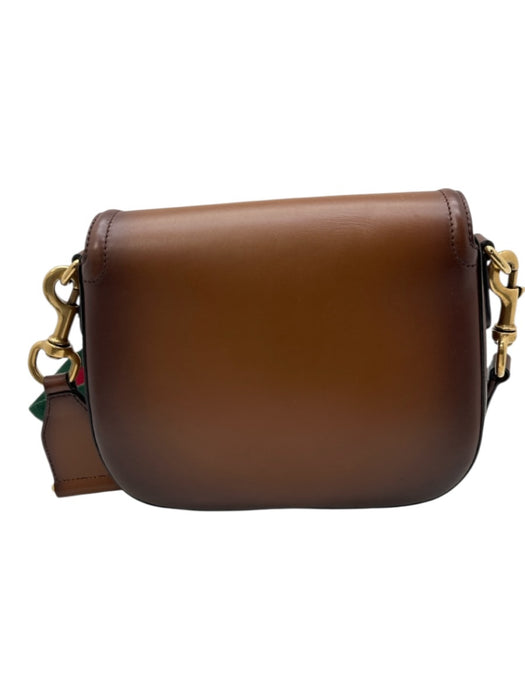 Gucci Brown Leather Web Stripe Crossbody Saddle Gold Hardware Bag Brown / Small
