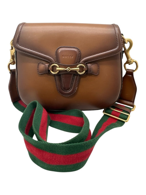 Gucci Brown Leather Web Stripe Crossbody Saddle Gold Hardware Bag Brown / Small