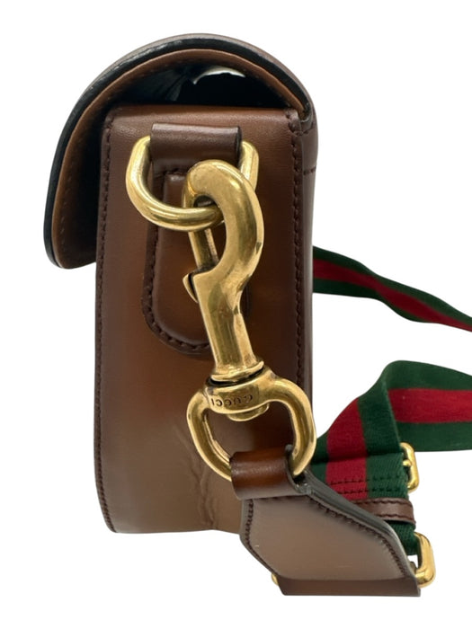 Gucci Brown Leather Web Stripe Crossbody Saddle Gold Hardware Bag Brown / Small