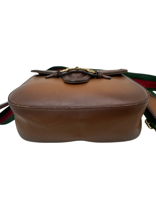 Gucci Brown Leather Web Stripe Crossbody Saddle Gold Hardware Bag Brown / Small