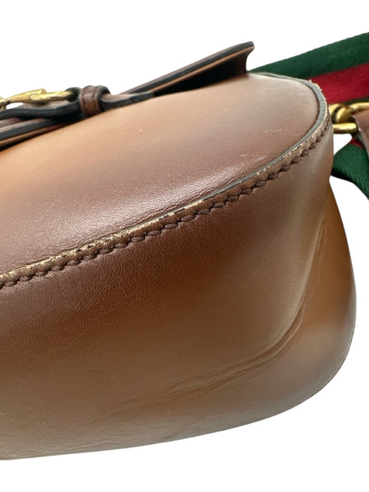 Gucci Brown Leather Web Stripe Crossbody Saddle Gold Hardware Bag Brown / Small