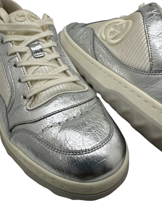 Gucci Shoe Size 42 Silver & White Leather Logo Low Top Sneakers Silver & White / 42