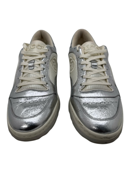 Gucci Shoe Size 42 Silver & White Leather Logo Low Top Sneakers Silver & White / 42