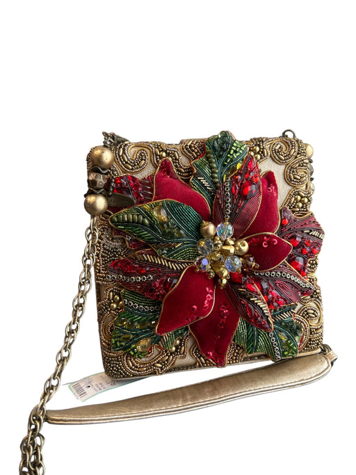 Mary Frances Gold Red & Green Beaded Velvet Magnetic Clasp Floral Cross Body Bag Gold Red & Green / M